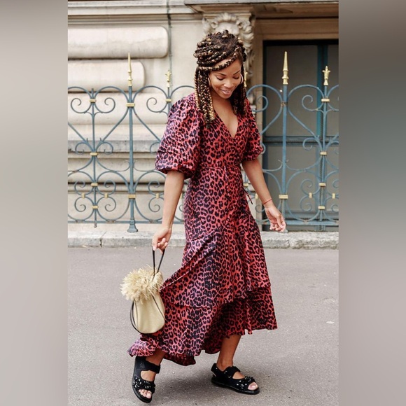 Ganni The Bijou Red Leopard Puff Sleeve Wrap Maxi Dress Size 42 EU - Picture 15 of 15